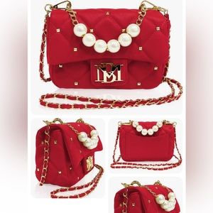 Badgley Mischkam Mini Stud Flap Quilted Pearl Handle Red $129